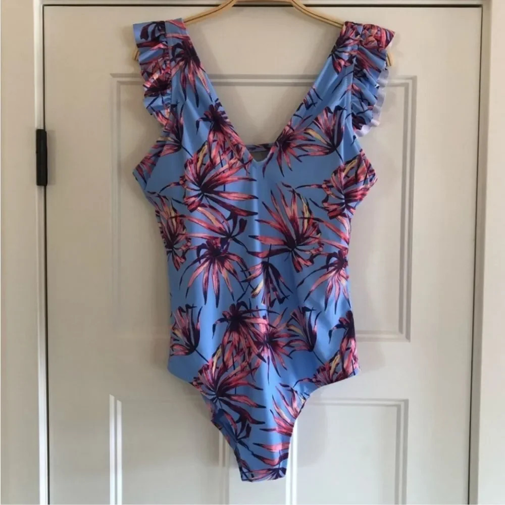 Jessica Simpson Lilac Palmy Days Floral Print Ruffle Strap One-Piece Swimsuit L